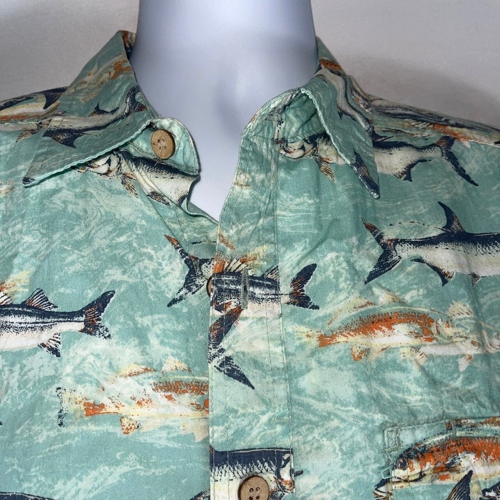 Reel Legends Mens Fish Print Fishing Shirt Short Sleeve Cotton Green Medium